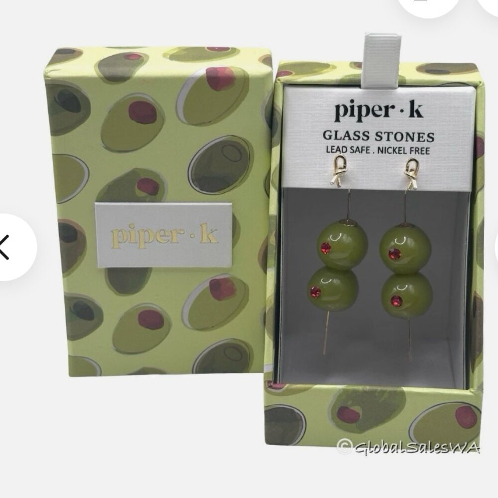 PIPER K Cocktail Martini Olive Martini Glass Stone Drop Dangle Earrings NIB